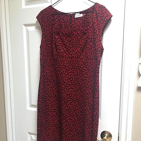 🌹🐾❤️Gorgeous Calvin Klein Red Black Textured Leopard Print Sleeveless Dress - Picture 9 of 17